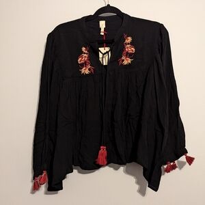 Raga Embroidered Peasant Top Large Black Hippie Boho Bohemian Tasseled NEW